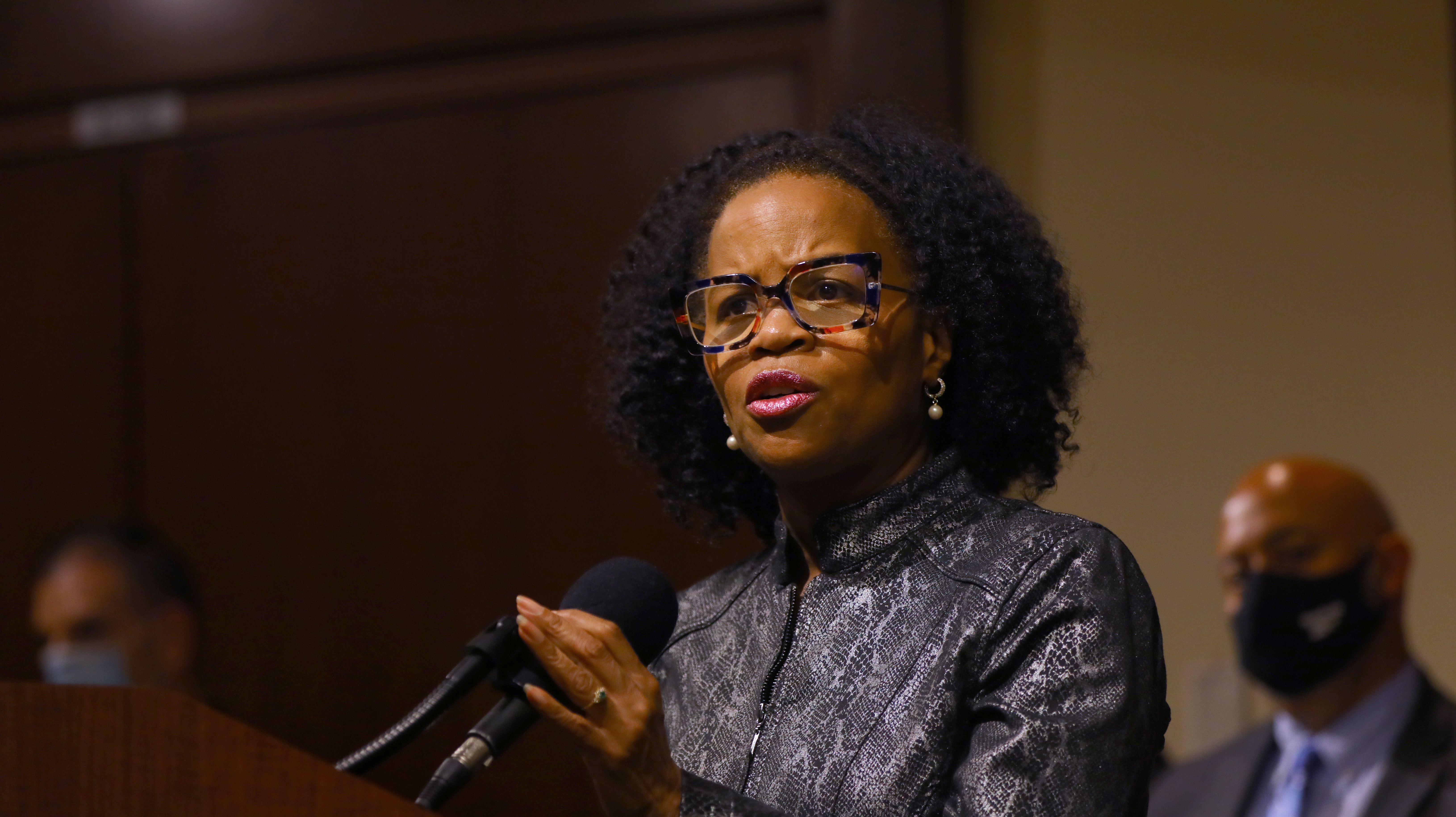 Boston, MA - May 27: Acting Mayor Kim Janey is joined speaks in the Boston Police Headquarters media room in Boston on May 27, 2021. They discussed the city’s Summer Safety Plan.  (Photo by Pat Greenhouse/The Boston Globe via Getty Images)
