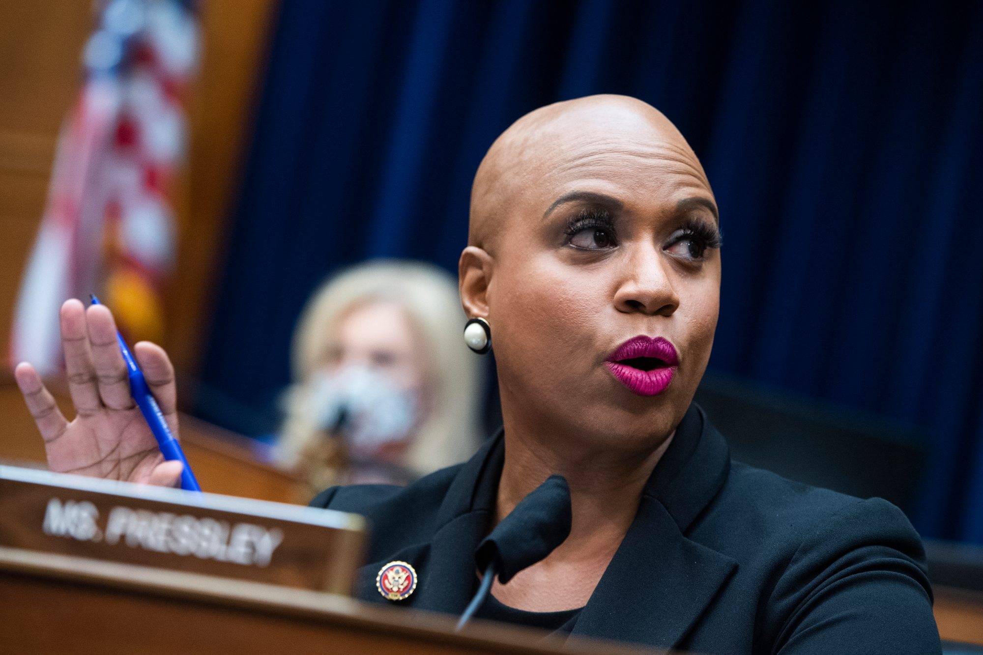 UNITED STATES - AUGUST 24: Rep. Ayanna Pressley, D-Mass., questions Postmaster General Louis DeJoy during the House Oversight and Reform Committee hearing titled “Protecting the Timely Delivery of Mail, Medicine, and Mail-in Ballots,” in Rayburn House Office Building on Monday, August 24, 2020. (Photo By Tom Williams/CQ Roll Call/Pool)