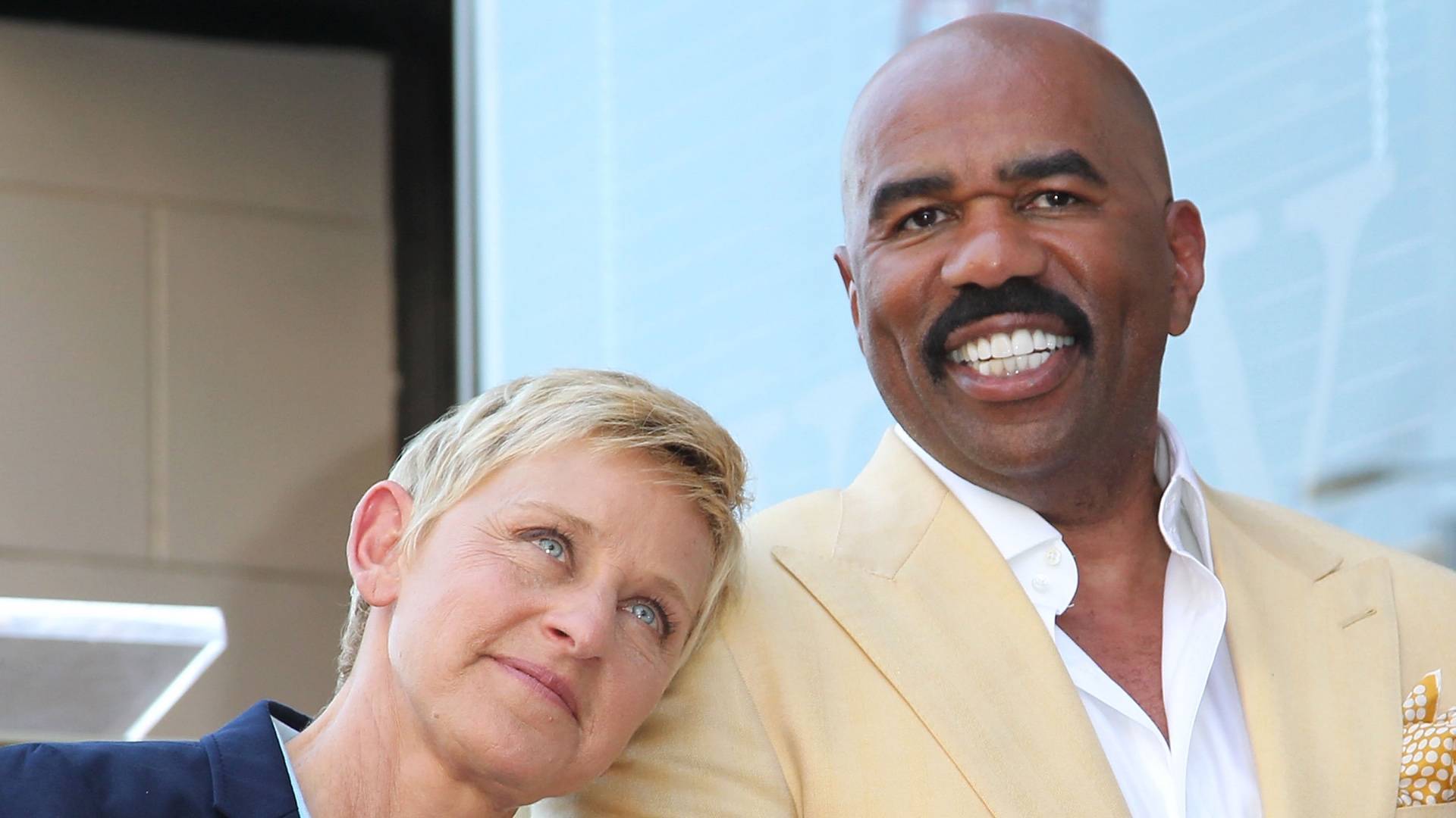 Steve Harvey and Ellen DeGeneres on BET Buzz 2020.