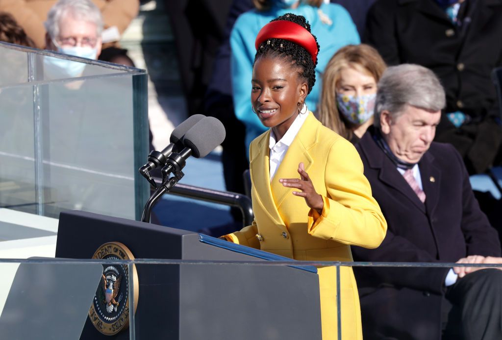 WASHINGTON, DC - JANUARY 20: Youth Poet Laureate Amanda Gorman speaks during the inauguration of U.S. President Joe Biden on the West Front of the U.S. Capitol on January 20, 2021 in Washington, DC.  During today's inauguration ceremony Joe Biden becomes the 46th president of the United States. (Photo by Alex Wong/Getty Images)
