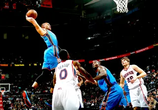 Russell Westbrook - The 2014-15&nbsp;scoring&nbsp;champ has a motor like no other. Defending him means a) keeping up with him and b) trying anything to stop him. Defenders usually fail at both.&nbsp; (Photo: Kevin C. Cox/Getty Images)