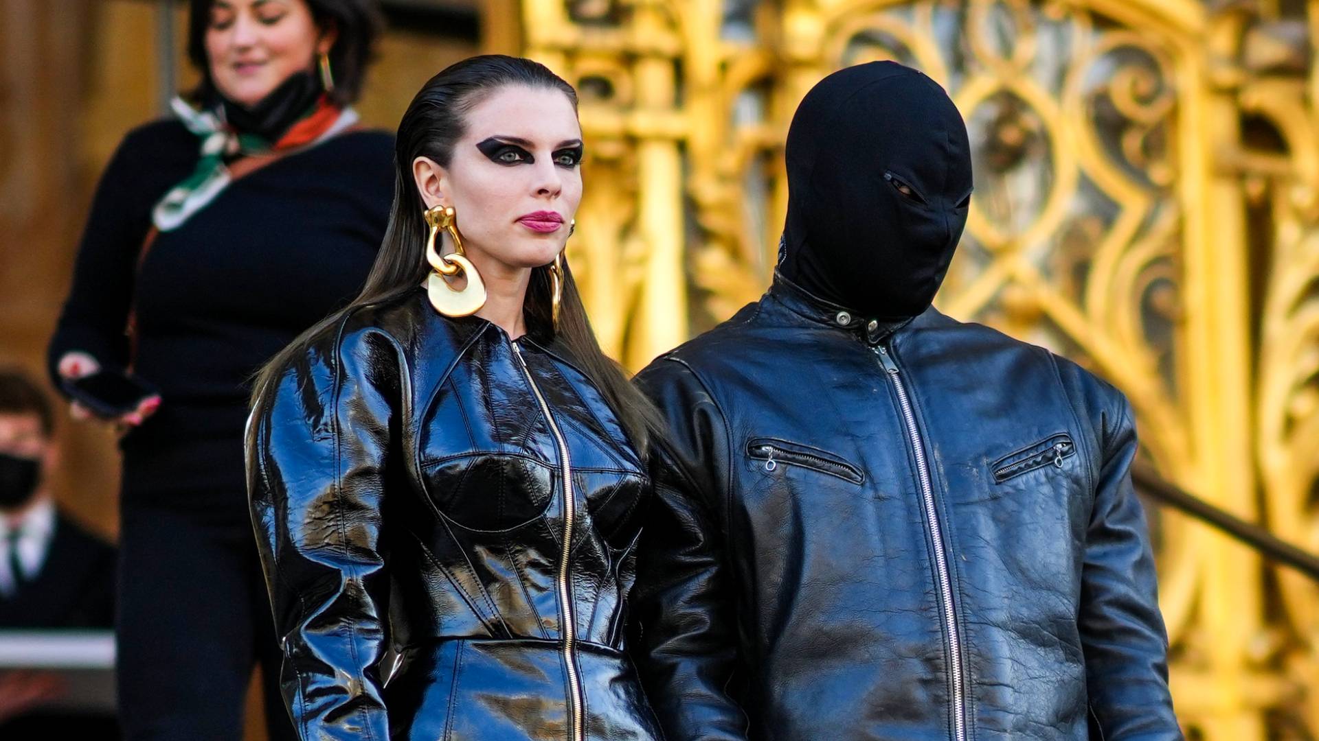 Julia Fox and Ye are seen, outside Schiaparelli, during Paris Fashion Week - Haute Couture Spring/Summer 2022, on January 24, 2022 in Paris, France. 