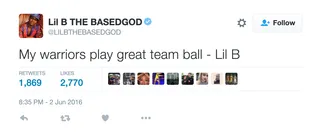 Lil B - Yeah... the Golden State Warriors definitely don't have the Based God's Curse on 'em.(Photo: Lil B via Twitter)