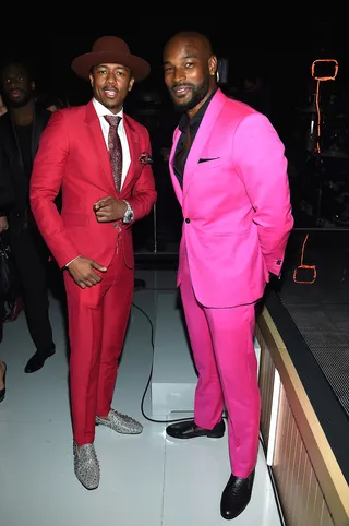 Dapper Gents - Nick Cannon and Tyson Beckford stand out as the two sharpest dressed men in the room at the 2015 Victoria's Secret Fashion Show at Lexington Avenue Armory in New York City.(Photo: Dimitrios Kambouris/Getty Images for Victoria's Secret)