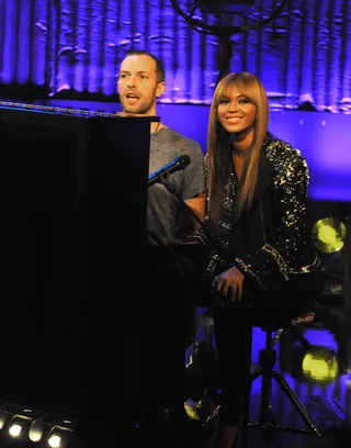 Beyoncé and Chris Martin - Beyoncé sang an acoustic version of &quot;Halo&quot; accompanied by Coldplay front man on piano at the all-star Hope for Haiti Now telethon in 2010.(Photo: WENN.com)