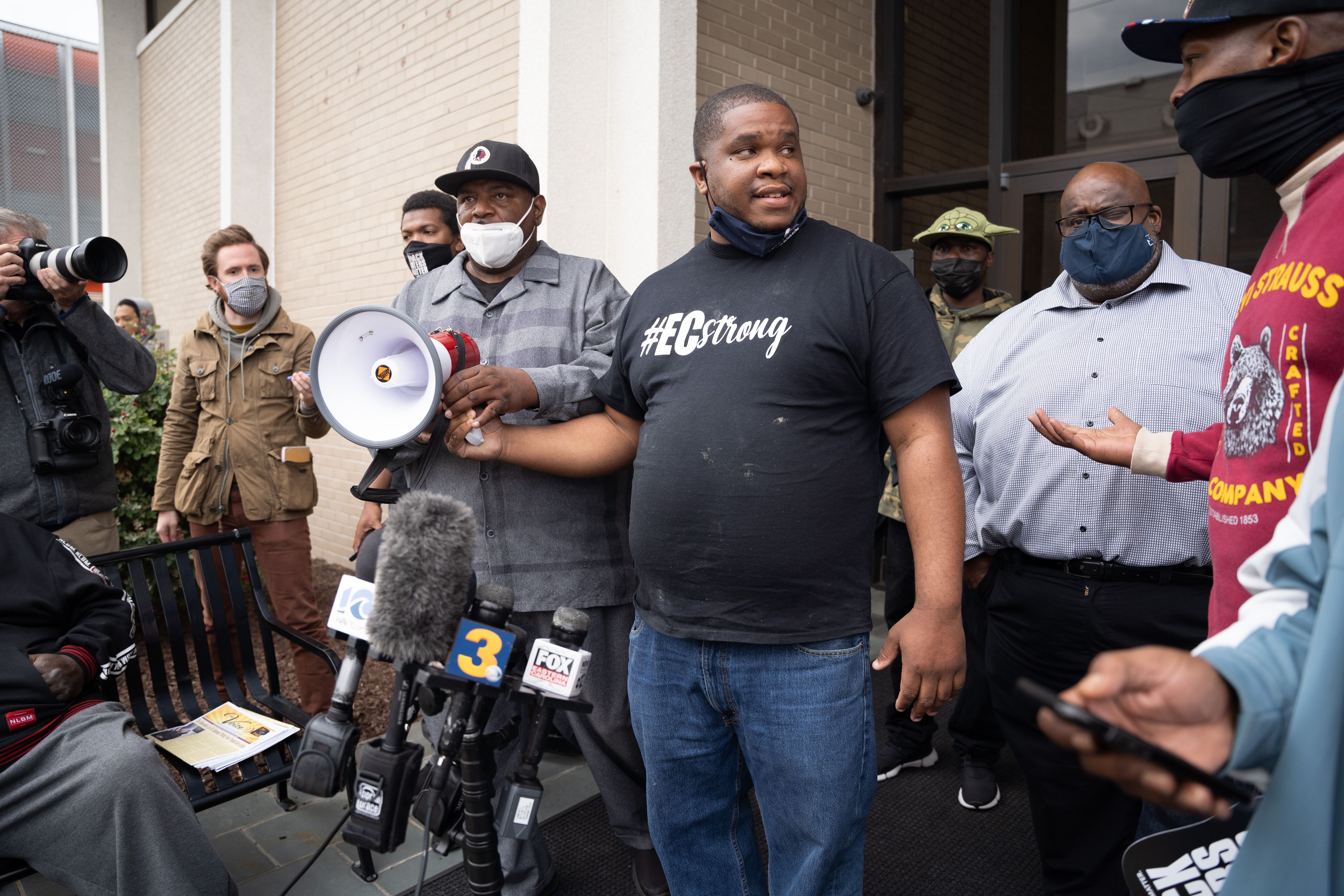 ELIZABETH CITY, NC - APRIL 23: Elizabeth City council member Gabriel Adkins, center, addresses a protest crowd after an emergency city council meeting April 23, 2021 in Elizabeth City, North Carolina. Protestors gathered as elected officials discussed the possible release of police body camera footage from the shooting death of Andrew Brown Jr. on April 21. (Photo by Sean Rayford/Getty Images)