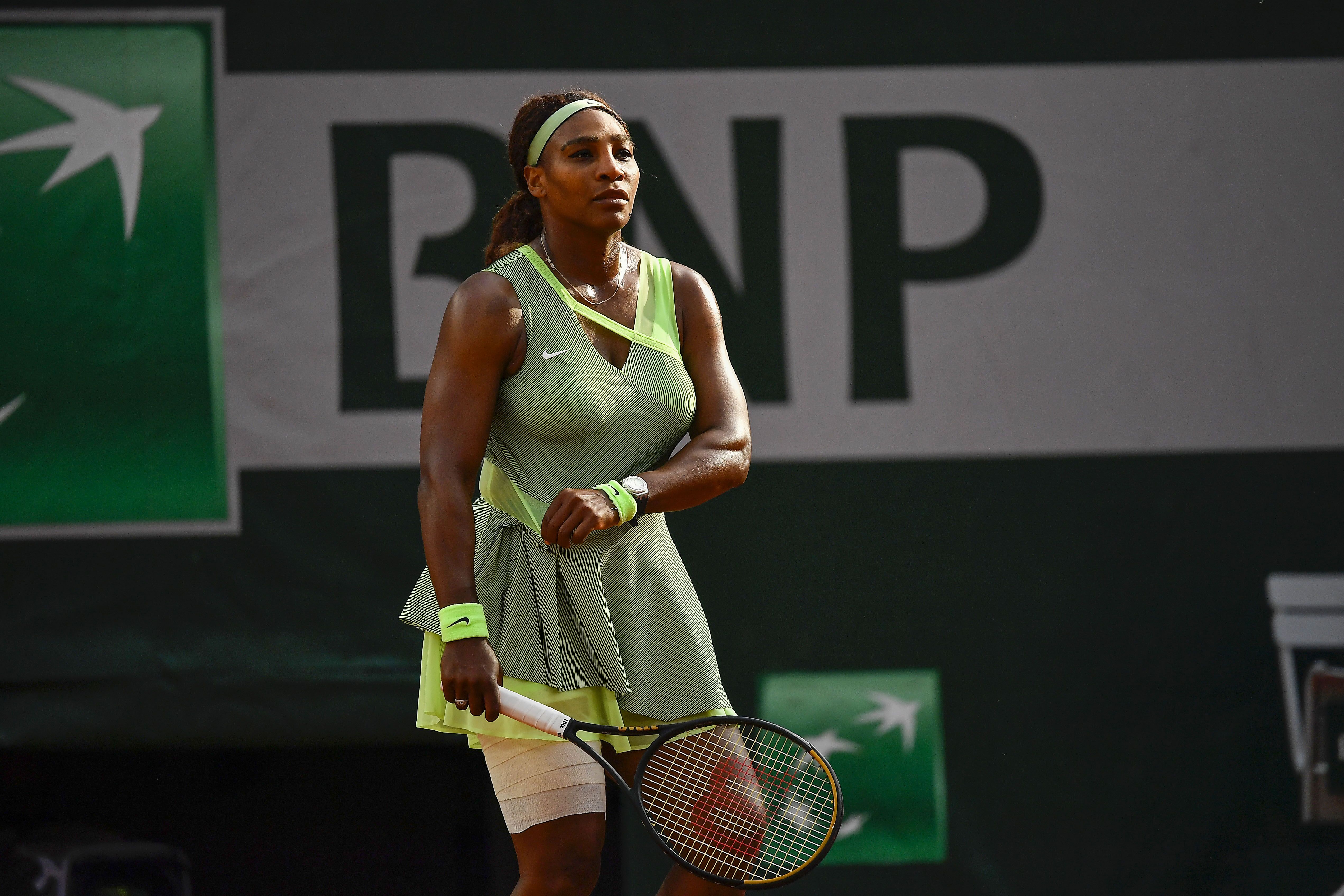 PARIS, FRANCE - JUNE 06: Serena Williams of USA reacts during her Women's Singles fourth round match against Elena Rybakina of Kazakhstan on day eight of the 2021 French Open at Roland Garros on June 06, 2021 in Paris, France. (Photo by Aurelien Meunier/Getty Images)