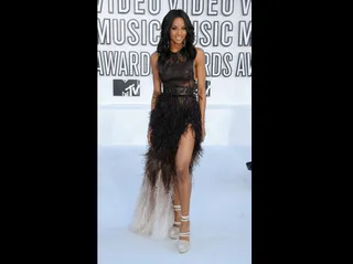 Ciara - The sexy performer sets off her ankle-wrap platforms in a Givenchy Haute Couture gown covered in lace and feathers.  <br><br><b>(Photo Credit: PictureGroup)</b>