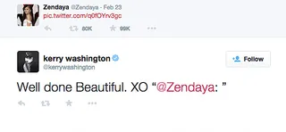 Kerry Washington, @kerrywashington - Zendaya showed us what classy is when she posted a pitch-perfect response to Giuliana Rancic's disrespectful comments about her locs on the Oscars episode of Fashion Police. The young star earned the admiration of fans and her fellow celebrities alike.  The Scandal star was among the first to give props to the 18-year-old for her poised response.(Photo: Kerry Washington via Twitter)