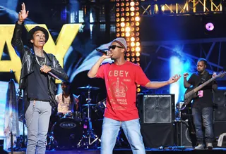 Same Gang - Wiz Khalifa brings out recently signed Taylor Gang artist and Memphis rap legend Juicy J for a quick rehearsal. (Photo: Chris McKay/Getty Images for BET)