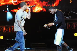 Meek Bangz - Kirko Bangz and Meek Mill have perfect hip hop synergy on stage as they rehearse.&nbsp;(Photo: Chris McKay/Getty Images for BET)