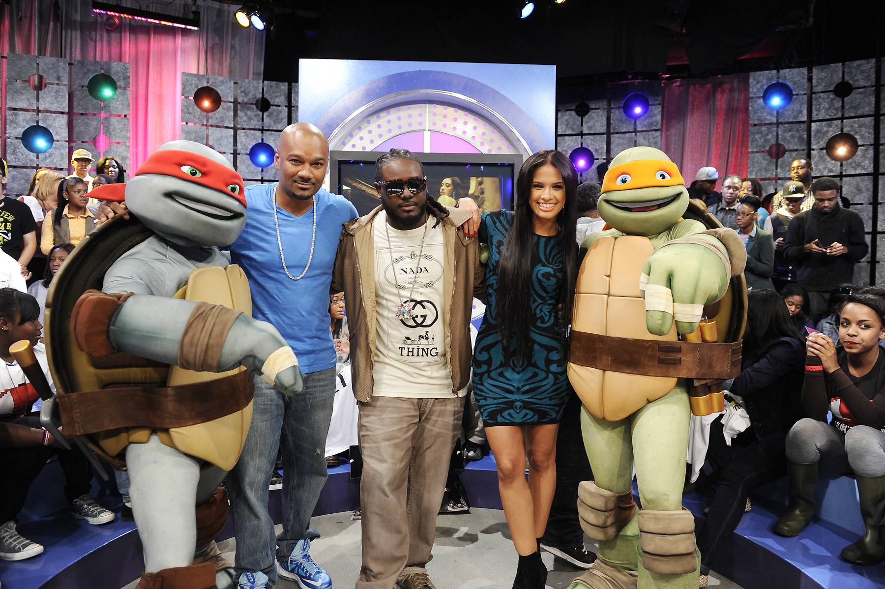 Big Tigger and the Turtles - Teenage Mutant Ninja Turtles with T-Pain and Rocsi Diaz at 106 &amp; Park, September 26, 2012. (photo: John Ricard / BET).