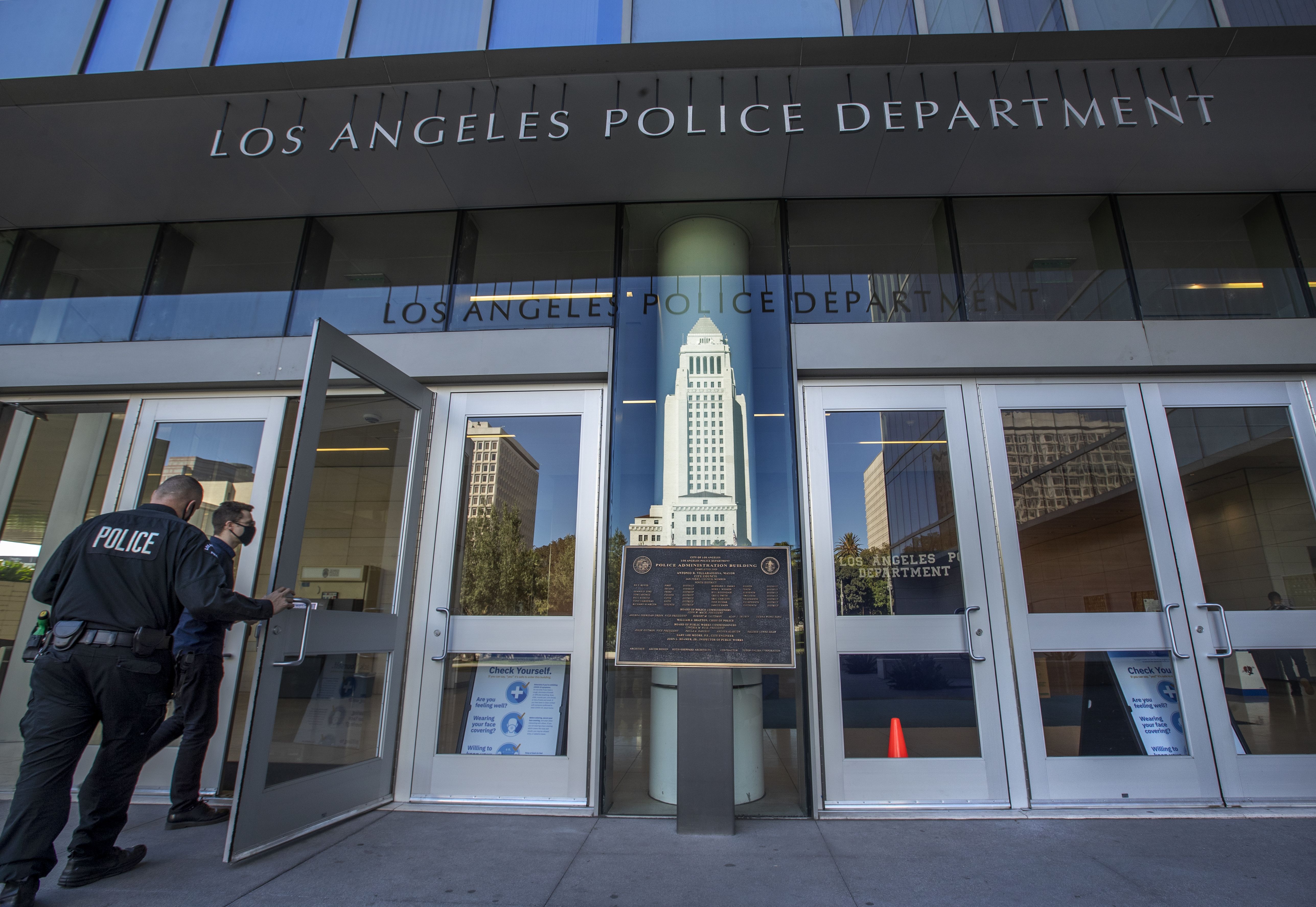 LOS ANGELES, CA - NOVEMBER 16, 2020: Photograph shows the front entrance to LAPD Headquarters on 1st St. in downtown Los Angeles. (Mel Melcon / Los Angeles Times via Getty Images)