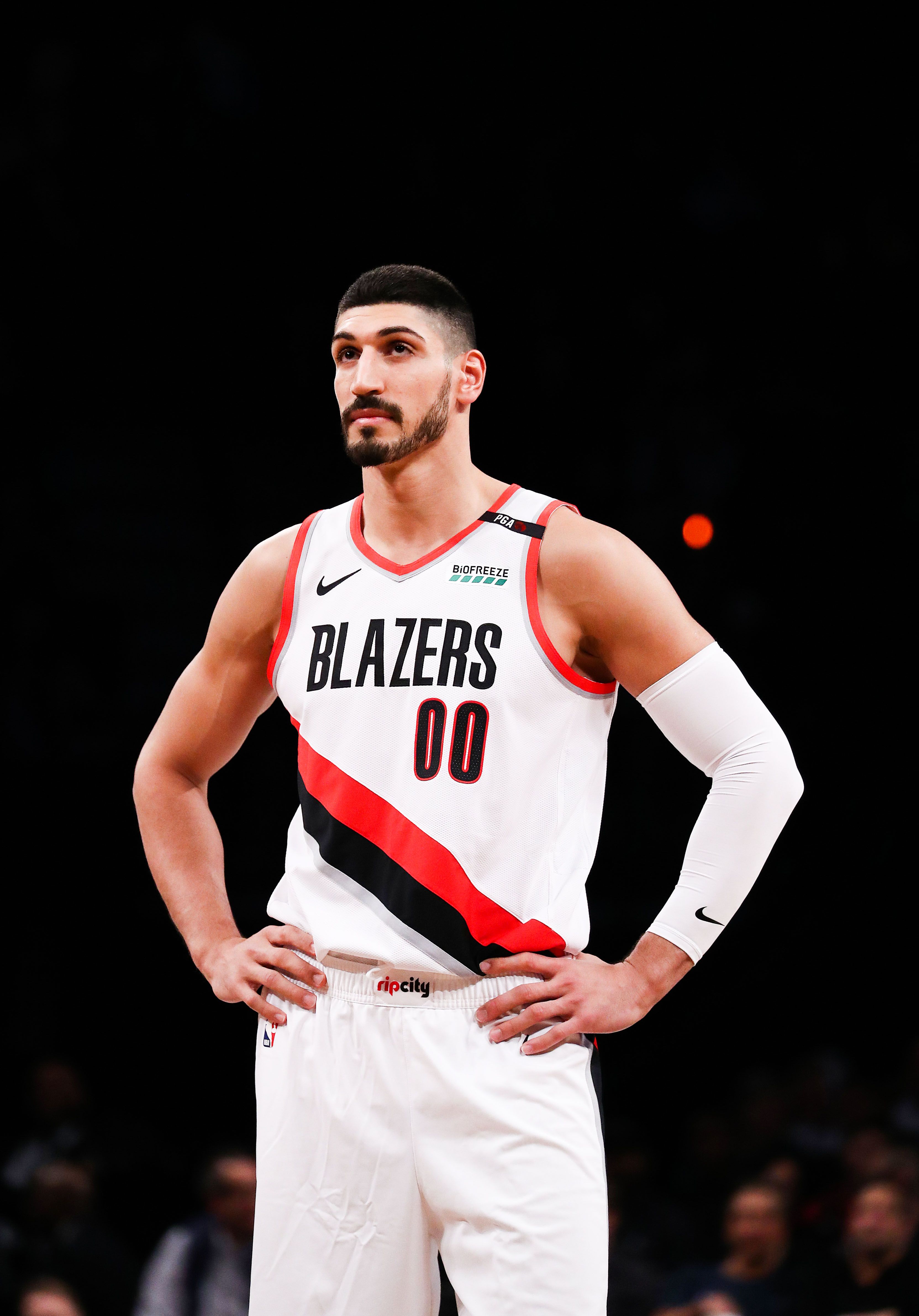 NEW YORK, NEW YORK - FEBRUARY 21:  Enes Kanter #00 of the Portland Trail Blazers looks on against the Brooklyn Netsduring their game at Barclays Center on February 21, 2019 in New York City.  NOTE TO USER: User expressly acknowledges and agrees that, by downloading and or using this photograph, User is consenting to the terms and conditions of the Getty Images License Agreement. (Photo by Al Bello/Getty Images)