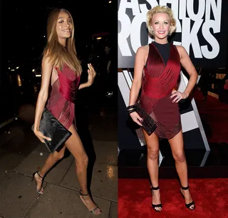 Jourdan Dunn and Caroline Boyer - Jourdan would have this look in the bag if it was just a tad bit longer. So Caroline takes the win in this Stella McCartney&nbsp;red fringe mini.  (Photos from left: Niki Nikolova/GC Images,&nbsp;Larry Busacca/Getty Images for Three Lions Entertainment)