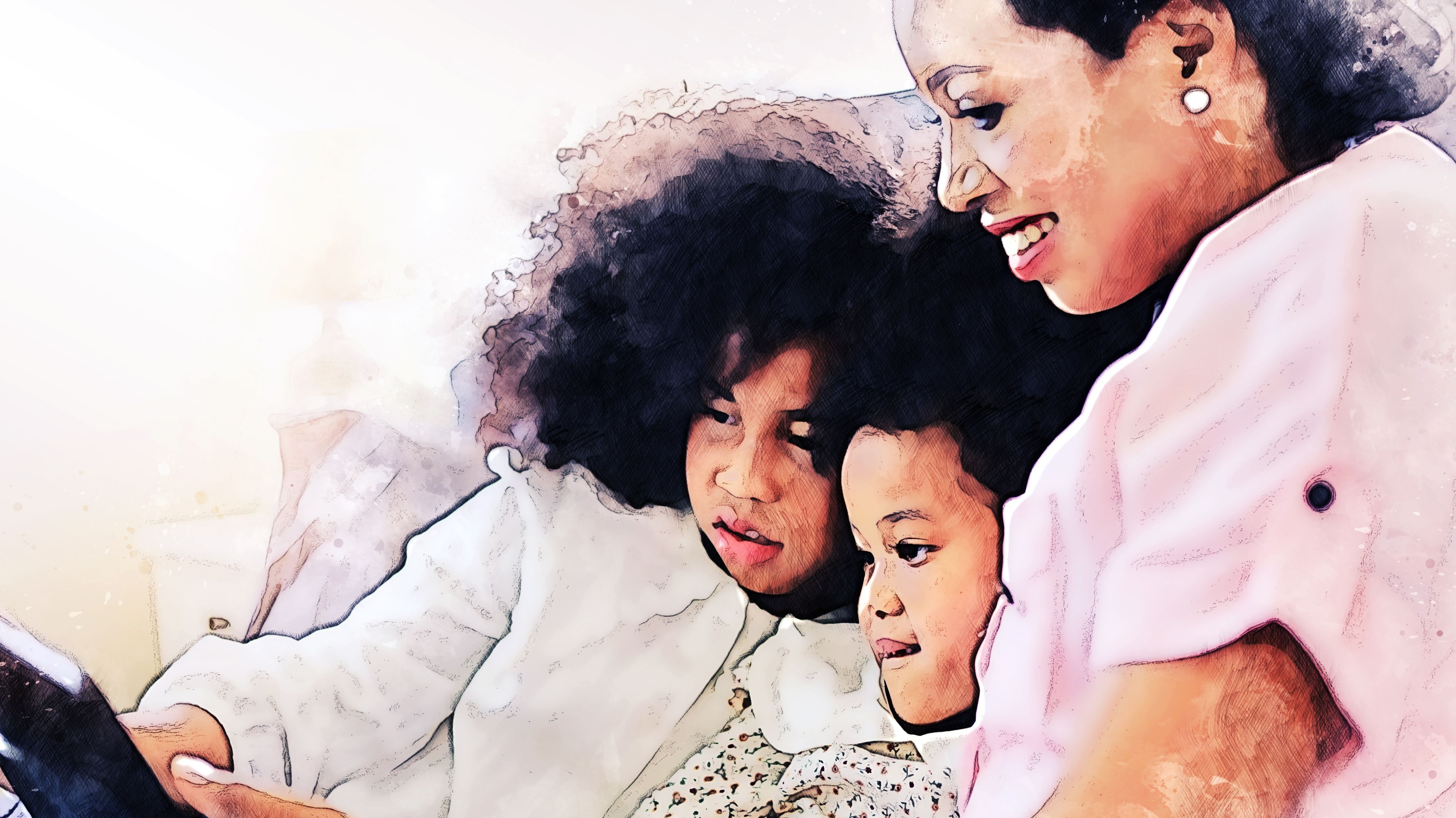 Abstract colorful mom and kids smiling portrait looking smart phone for learning at home on watercolor illustration painting background.