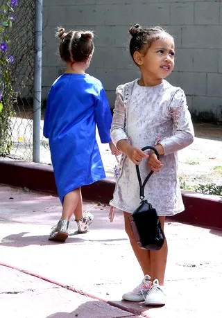 Sunday Best - North rolled up to church with a Fendi purse and her equally fashionable cousin/sidekick Penelope Disick in tow.&nbsp;(Photo: FameFlynet, Inc)