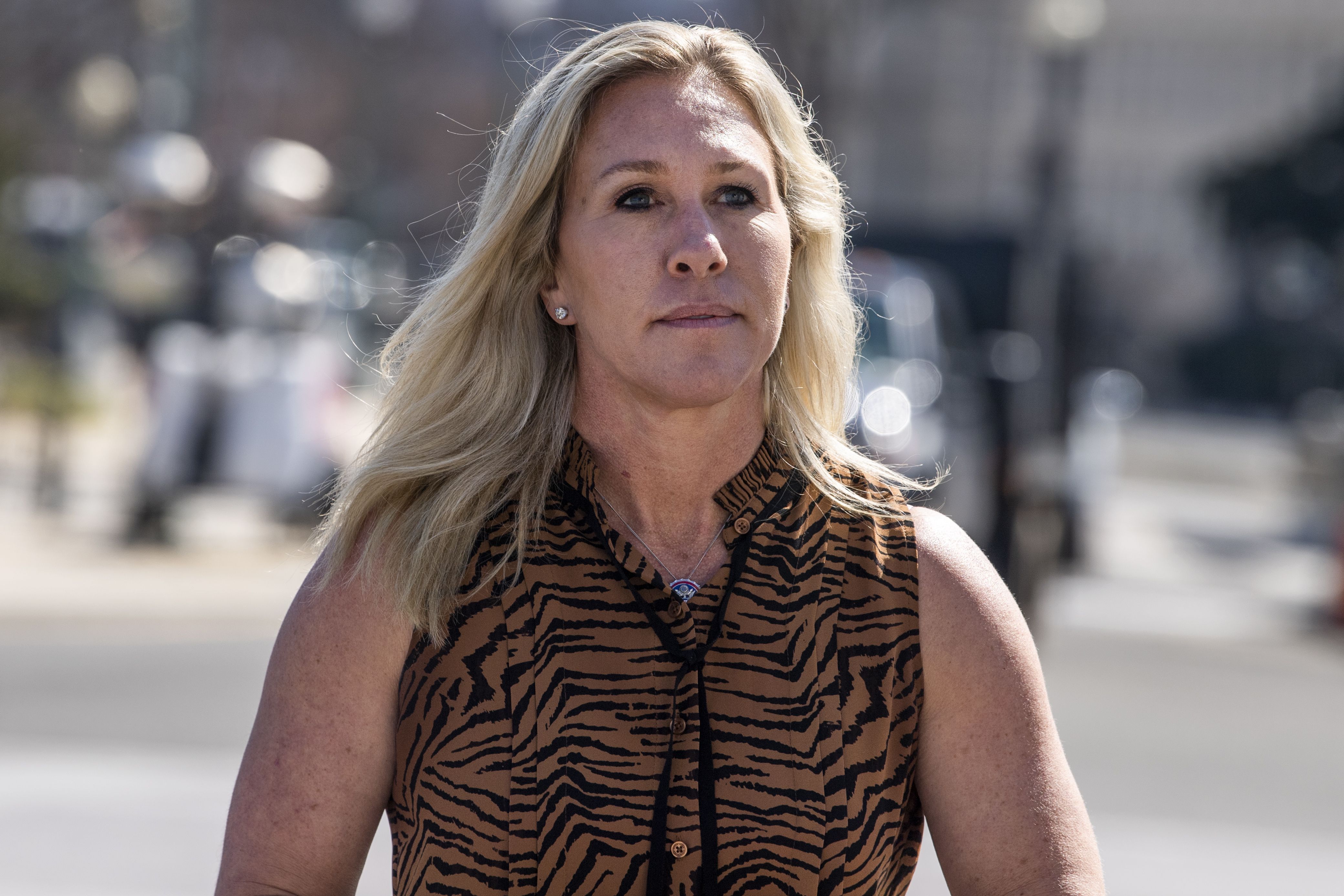 UNITED STATES - MARCH 10: Rep. Marjorie Taylor Greene, R-Ga., is seen at the House steps during the vote on the $1.9 trillion covid-19 relief package, the American Rescue Plan Act, on Wednesday, March 10, 2021. (Photo By Tom Williams/CQ Roll Call)