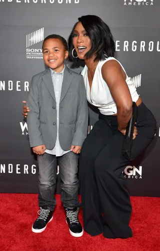 Too Cute - Actor Maceo Smedley looked adorable next to the gorgeous Angela Bassett at the premiere of Underground in Los Angeles.(Photo: Charley Gallay/Getty Images for WGN America)