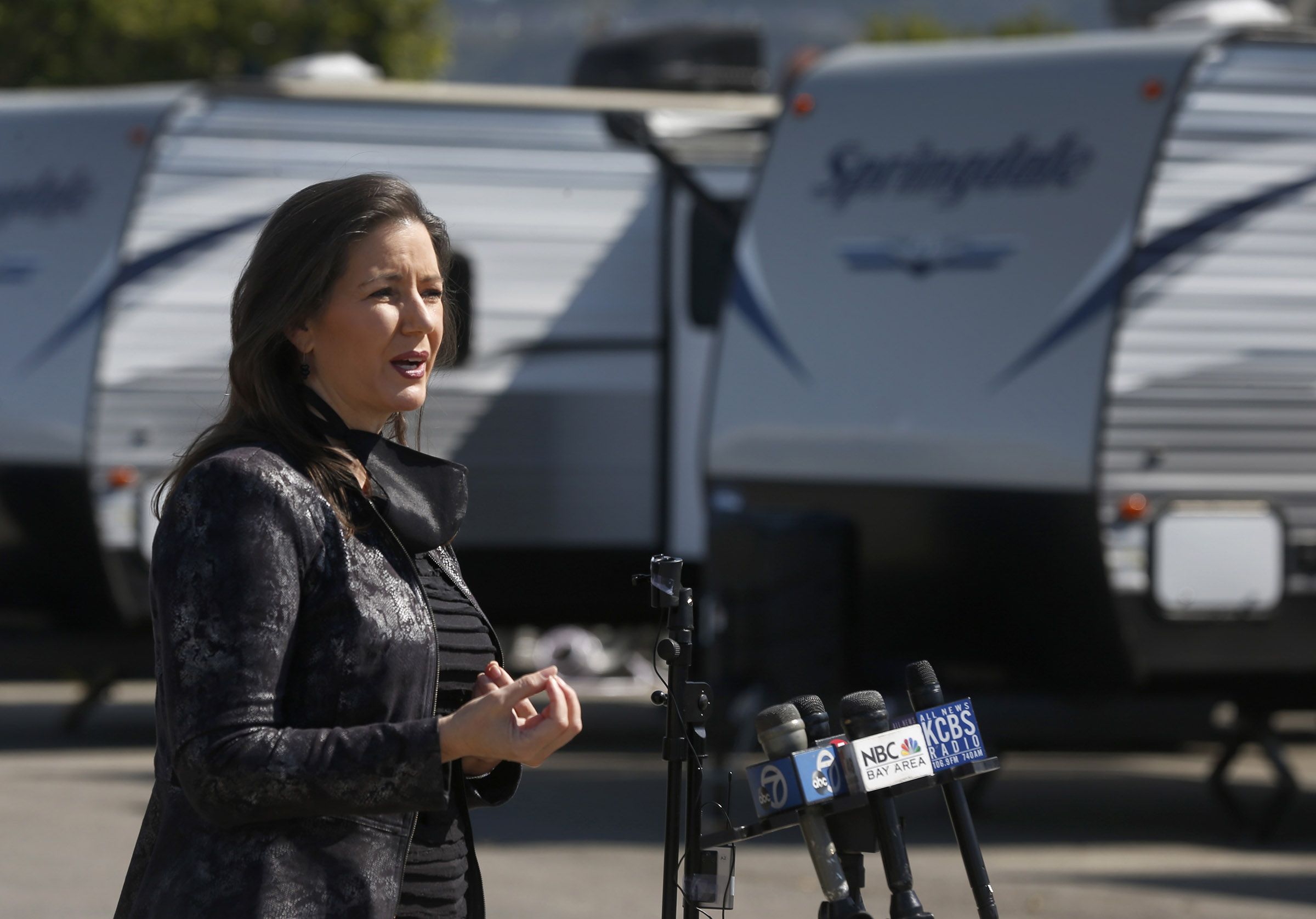 OAKLAND, CA - MAY 5: Mayor Libby Schaaf announces the opening of a community of trailer homes on Hegenberger Road near the Coliseum in Oakland, Calif. on Tuesday, May 5, 2020. Dubbed "Operation HomeBase,” 67 trailers will shelter 134 homeless people who are at a significant risk if they contract the COVID-19 coronavirus. (Paul Chinn/The San Francisco Chronicle via Getty Images)