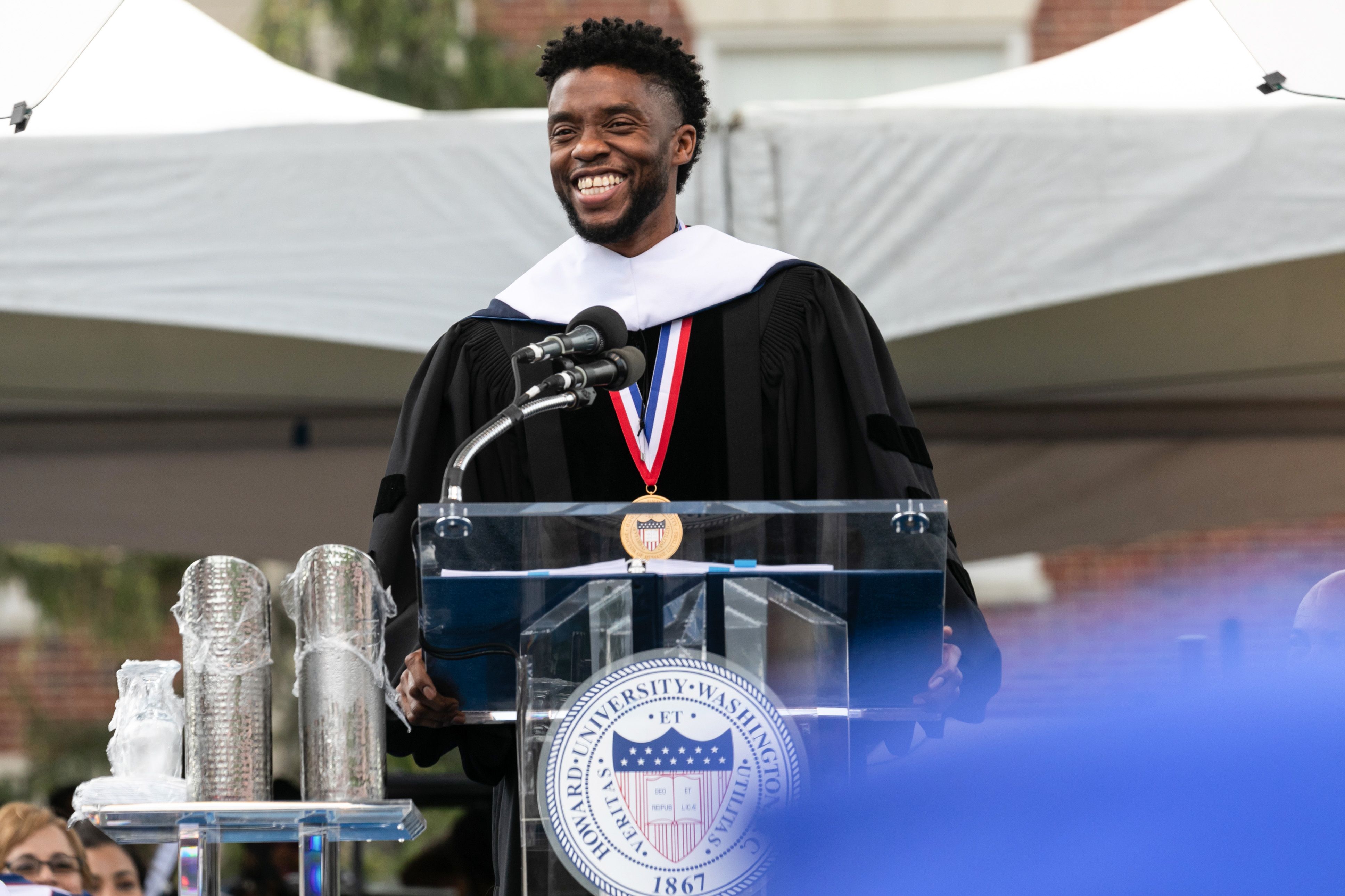 Actor and alumnus Chadwick Boseman delivers the keynote address at Howard University's commencement ceremony for the 2018 graduating class. Boseman received an honorary degree, Doctor of Humane Letters. The ceremony is held in the upper quadrangle of the main campus of Howard University, in Washington D.C. on Saturday, May 12, 2018. (Photo by Cheriss May) (Photo by Cheriss May/NurPhoto via Getty Images)