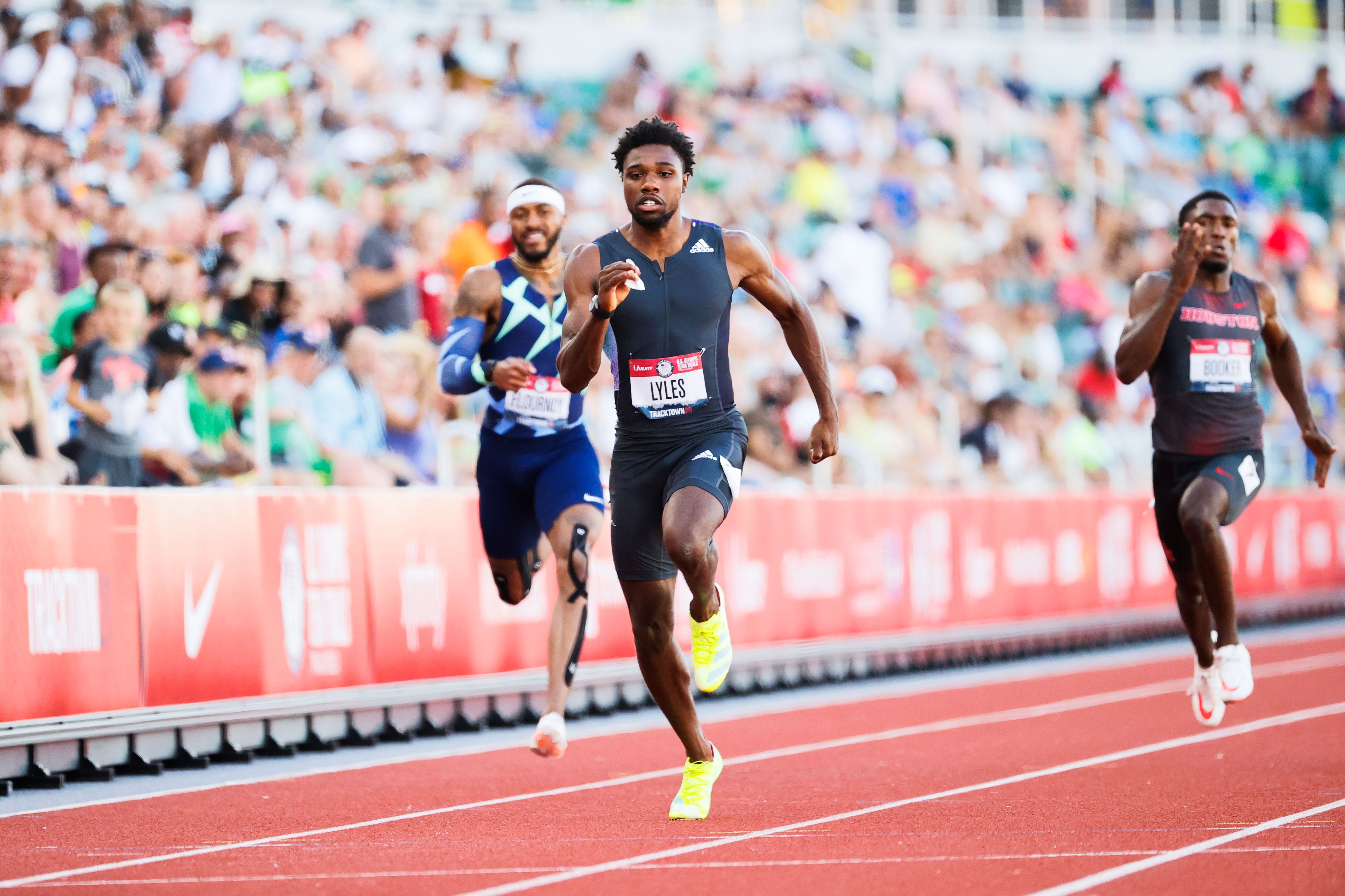 EUGENE, OREGON - JUNE 26:  	Noah Lyles competes in the Men's 200 Meters Semi-Final on day nine of the 2020 U.S. Olympic Track & Field Team Trials at Hayward Field on June 26, 2021 in Eugene, Oregon. (Photo by Steph Chambers/Getty Images)