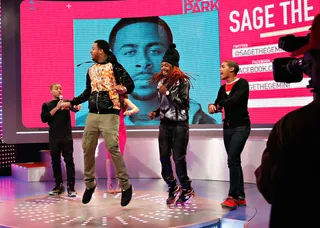 Jump! Jump! - Hosts Bow Wow and Keshia Chante with recording artist Sage the Gemini showing off his dance moves on 106. (Photo: Cindy Ord/BET/Getty Images for BET)