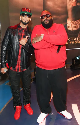 Bossy Beatz - Recording artists Swizz Beatz and &quot;The Boss&quot; Rick Ross hang backstage on 106. (Photo: Bennett Raglin/BET/Getty Images for BET)