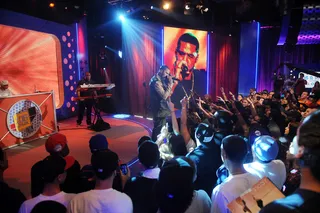 Rockin' the Crowd - J. Cole rocks the stage on set at BET's 106 &amp; Park. (Photo: Brad Barket/PictureGroup)