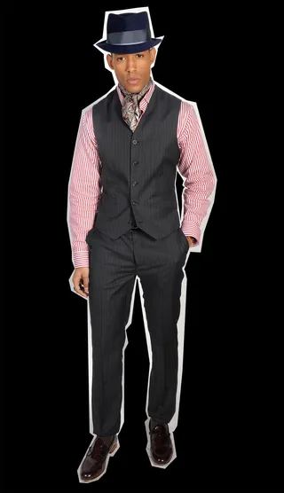 Look 3 - ALFA: MEN'S SUIT AND SHIRT/ JAY KOS: SCARF/ J.J. HAT CENTER: HAT(Photo: Brad Barket/Getty Images)