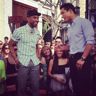 Miguel @miguelunlimited - Miguel has a way with the ladies! Adoring fans swoon over the R&amp;B heartthrob as he shoots a clip with Mario Lopez for Extra. (Photo: Instagram via Miguel)