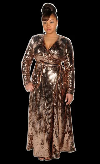 Look 13 - SHANDA STYLE: LONG SEQUIN WRAP DRESS/ RJ GRAZIANO: JEWELRY/ CESARE PACIOTTI: FLATS W/ JEWELED HEEL  (Photo: Brad Barket/Getty Images for BET)