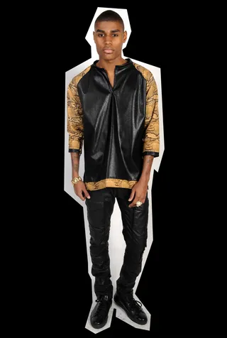 Look 12 - MID-POINT: SHIRT/ MODEL’S OWN: PANTS/ ANDROID HOMME: SHOES/ MODALISTAS: BRACELET/ FASHION TO FIGURE: RING  (Photo by Brad Barket/Getty Images for BET)