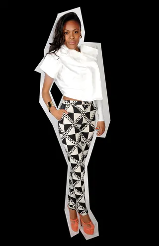 Look 14 - JACINTA: TOP AND PATTERNED PANTS/ OLCAY GULSEN: SHOES/ MODALISTAS: CUFFS AND RING  (Photo by Brad Barket/Getty Images for BET)