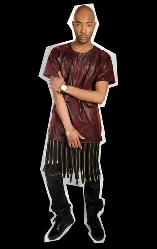 Look 13 - MID-POINT: SHIRT/ JAY KOS: PANTS/ ANDROID HOMME: SHOES/ LE PREMIER MIAMI: KILT/ TW STEEL: WATCH/ MODILISTAS: BRACELET/ SUE TSAI: BRACELET  (Photo by Brad Barket/Getty Images for BET)