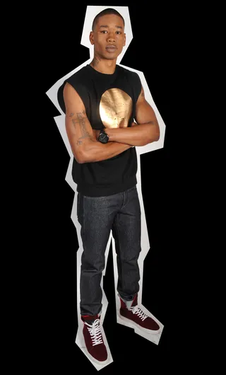 Look 7 - BAD PENNY: TOP/ JAY KOS: PANTS/ ANDROID HOMME: SHOES/ TW STEEL : BLACK WATCH/ SUE TSAI:BRACELET(Photo by Brad Barket/Getty Images for BET)