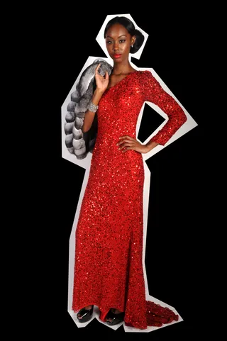 Look 2 - BG HAUTE BY SCALA EVENING WEAR: DRESS/ PRIVATE LABEL: FUR/ JUSTFAB: SHOES/ STELLA &amp; DOT: BRACELET  (Photo by Brad Barket/Getty Images for BET)