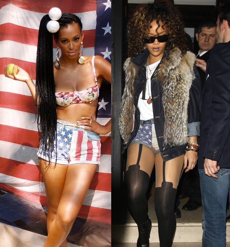 Solange vs. Rihanna - Rihanna attempted to winterize Topshop’s Moto Flag Print shorts with a Balmain Hommes fur vest over a dark denim jacket, a pair of leather Louboutin booties, black Ray-Ban sunglasses and suspender tights by House of Holland. Solange got her groove on in the hot pants with a floral bra top, high-top sneakers and long braids.Who gets the salute in these spirited denim shorts? You voted: Neither...not feeling these hot pants.(Photos from left: TwitPic, Splashnews.com)