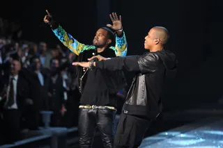 Watch the Throne - Kanye and Jay-Z moved the crowd to their feet with an explosive performance of “N---s in Paris” giving a small taste of the magic they’re making on stage during their current “Watch the Throne” tour.(Photo: Jamie McCarthy/Getty Images)