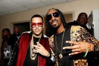 Ain't Worried - "Pop That" rapper French Montana came decked out in his hottest gold chains and switched up his signature black-and-gold attire and gave us a "haan!" with Uncle Snoop.&nbsp;  (Photo: Bennett Raglin/BET/Getty Images for BET)