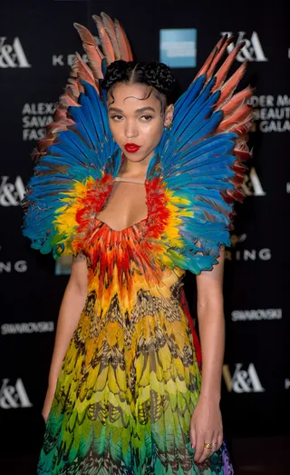 Phoenix Rising - FKA Twigs commands all the attention on the red carpet at the Alexander McQueen: Savage Beauty Fashion Gala held at the&nbsp;Victoria &amp; Albert Museum in London.(Photo: Splash News)