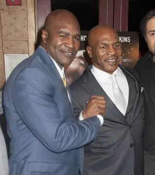Boxing Greats - Legendary boxers&nbsp;Evander Holyfield and Mike Tyson show love at the NYC screening of Champs at Cinema Village Theatre.(Photo: Janet Mayer/Splash News)