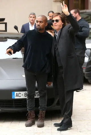 Yeezus and Sir Paul - Kanye West&nbsp;strikes a pose with&nbsp;Paul McCartney outside of Stella McCartney's runway show at the Opera Garnier during Paris Fashion Week Fall Winter 2015.(Photo: Danny Martindale/GC Images)