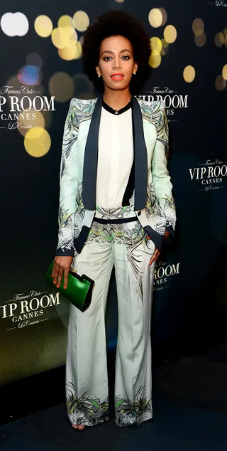 Solange Knowles - Solange has fashion versatility like no one else. Her Roberto Cavalli silk blazer and wide trousers were perfect for a night of partying. (Photo: Ian Gavan/Getty Images for BELVEDERE)