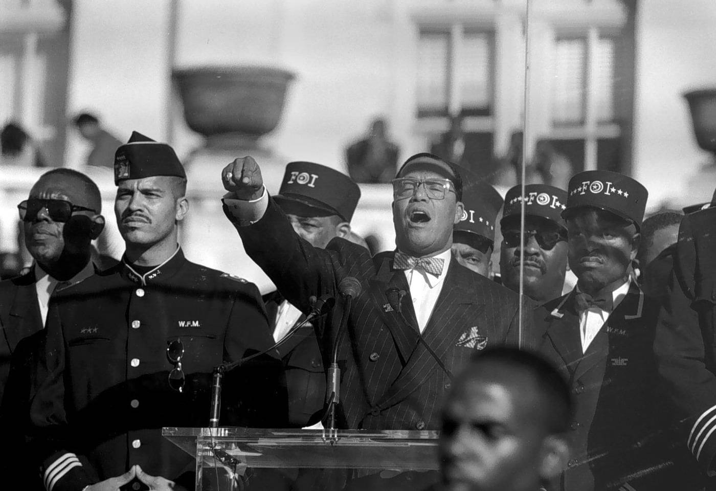 10/16/95: Louis Farrakhan during his speech at the Million Man March rally at the Mall. BILL O'LEARY/TWP.  (Photo by Bill O'Leary/The Washington Post/Getty Images)