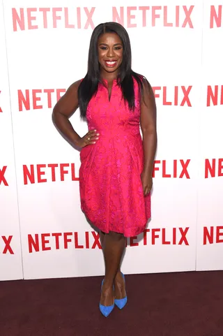 Uzo Aduba - This pink brocade frock gives us life! Don't you just adore the OITNB actress's choice of blue pumps? Ca-yute!  (Photo: Jamie McCarthy/Getty Images)