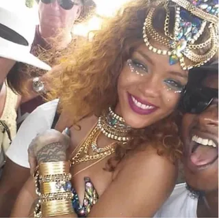 Rihanna @badgalriri - A grin this big from the pop star can only mean one thing — she's at Crop Over in her native Barbados. She always has a ball and has the smile to prove it!  (Photo: Rihanna via Instagram)