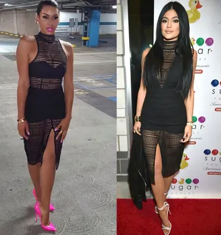 Laura Govan and Kylie Jenner - In the battle between reality stars: Who wore this&nbsp;Misha Collection dress better? Laura! Her short do' and pops of pink are right on the mark.  (Photos from left: Laura Govan via Instagram, FameFlynet)