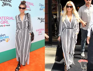 Zendaya and Jessica Simpson - That bun and those shades — we are all the way here for the Disney star's stripe maxi shirt-dress by L'Agence. But Jessica holds a close second!  (Photos from left: David Buchan/Getty Images, PacificCoastNews)