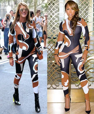 Anna Dello Russo and Marjorie Harvey - The editor-at-large and creative consultant for Vogue Japan gets schooled in style by Steve Harvey's ultra-chic wife in this Dior jumpsuit showdown.   (Photos from left: Christopher Peterson/Splash News, Marjorie Harvey via Instagram)